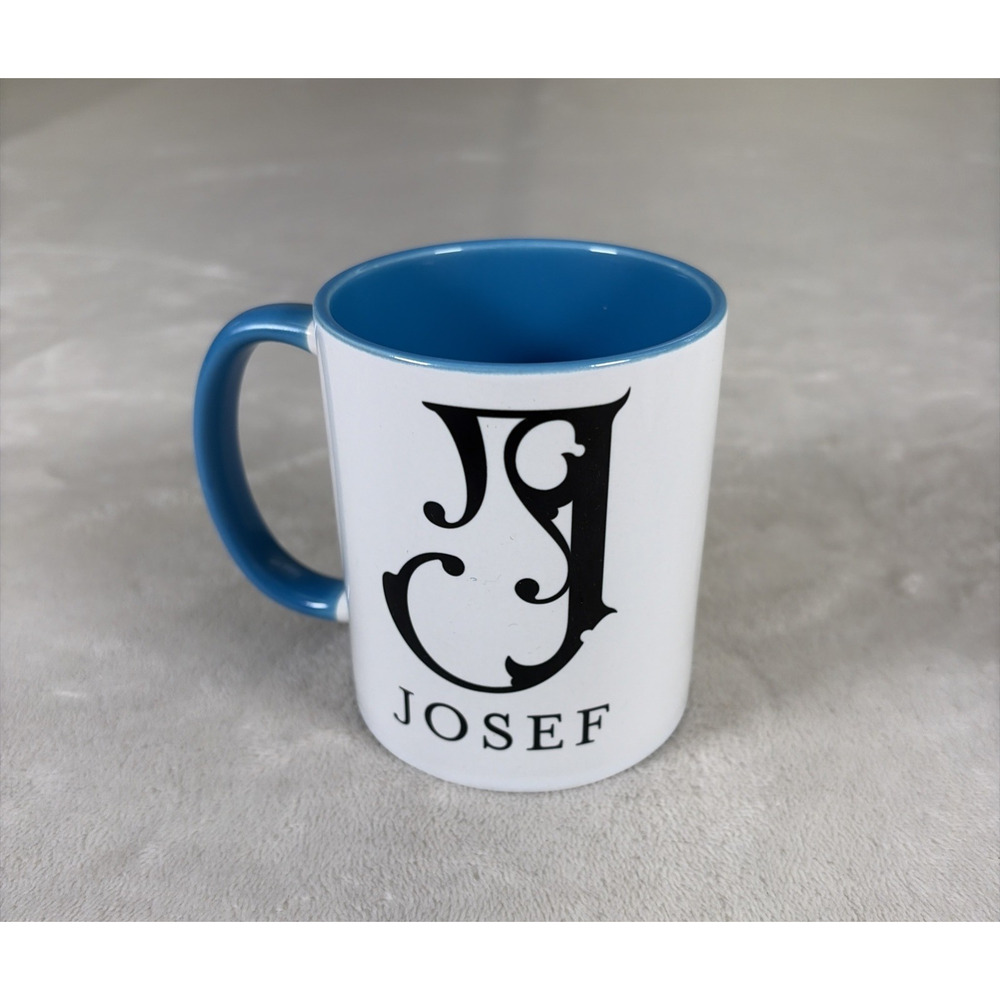 Personalized "J" Josef Coffee Mug Ceramic Cup 11oz Blue Interior Blk Letters